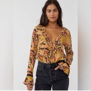 Free People Heat Wave Long Sleeve Ruffle Bodysuit Midnight‎ Combo Small NWT $88